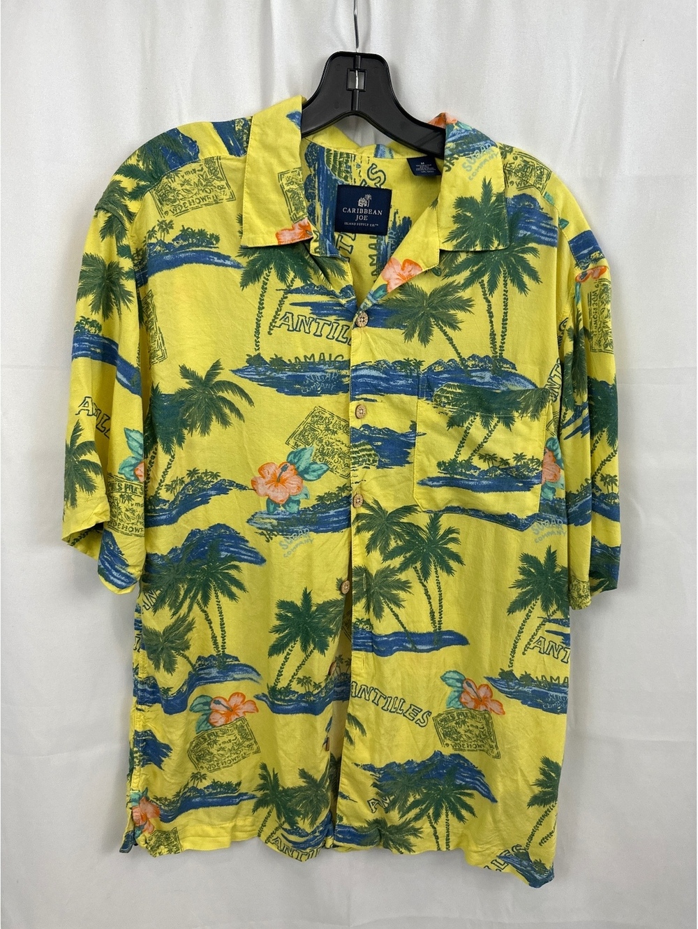 Caribbean Joe Yellow Tropical Print Rayon Shirt Medium